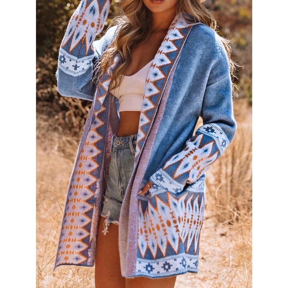 boho aztec print oversized long Open Front Cardigan sweater - Picture 4 of 8